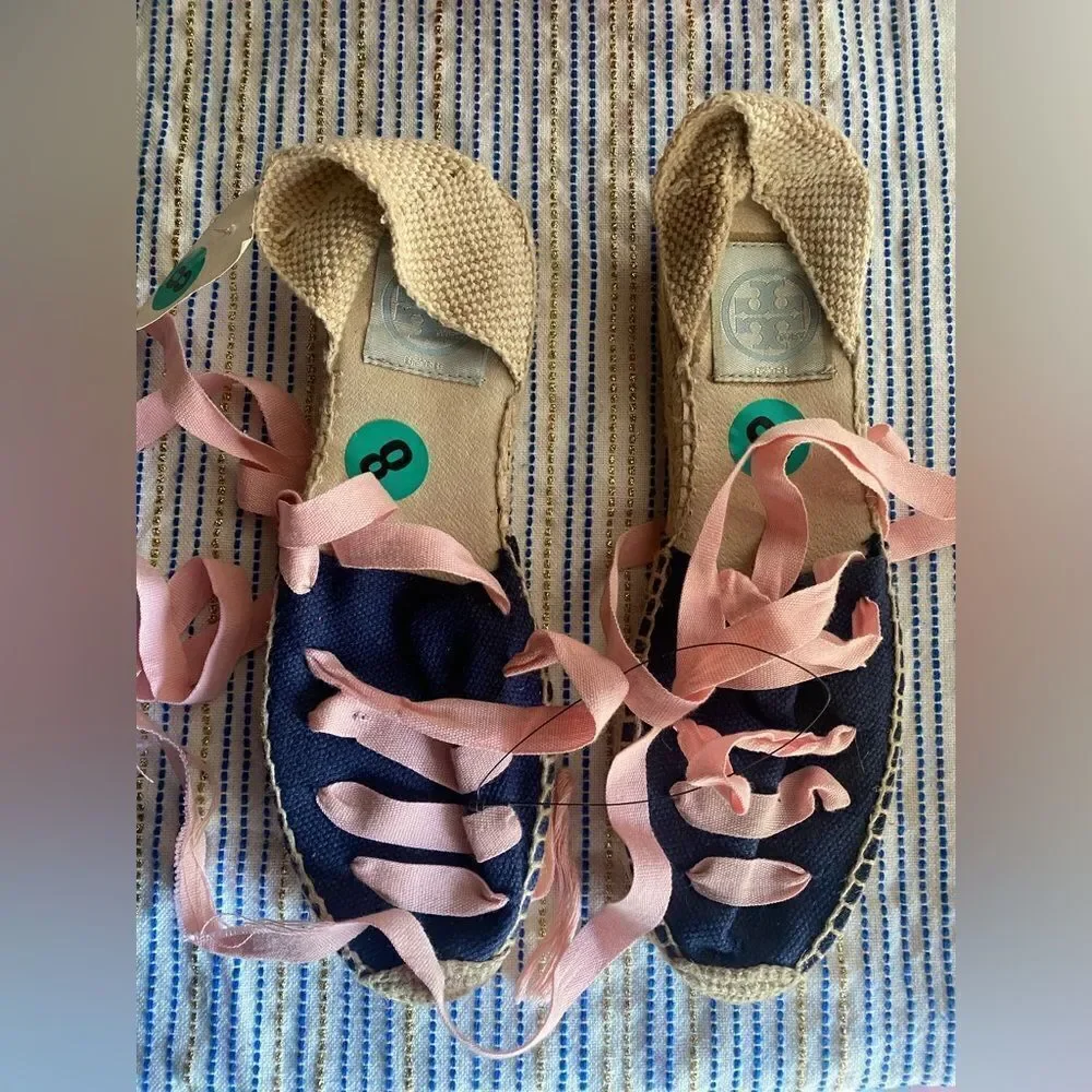 Tory Burch Womens Espadrilles size 8 Navy /pink Ankle Wrap Woven Natural NEW